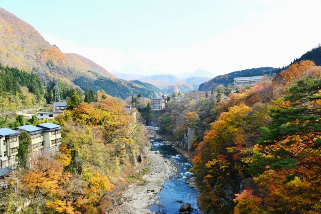 川沿いに佇む紅葉に染まった絶景の湯野上温泉