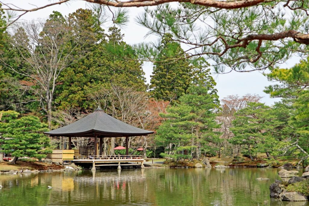 A Japanese Garden with a Roofed Structure