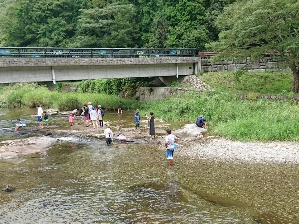 川で子供たちと大人が水遊びを楽しんでいる様子
