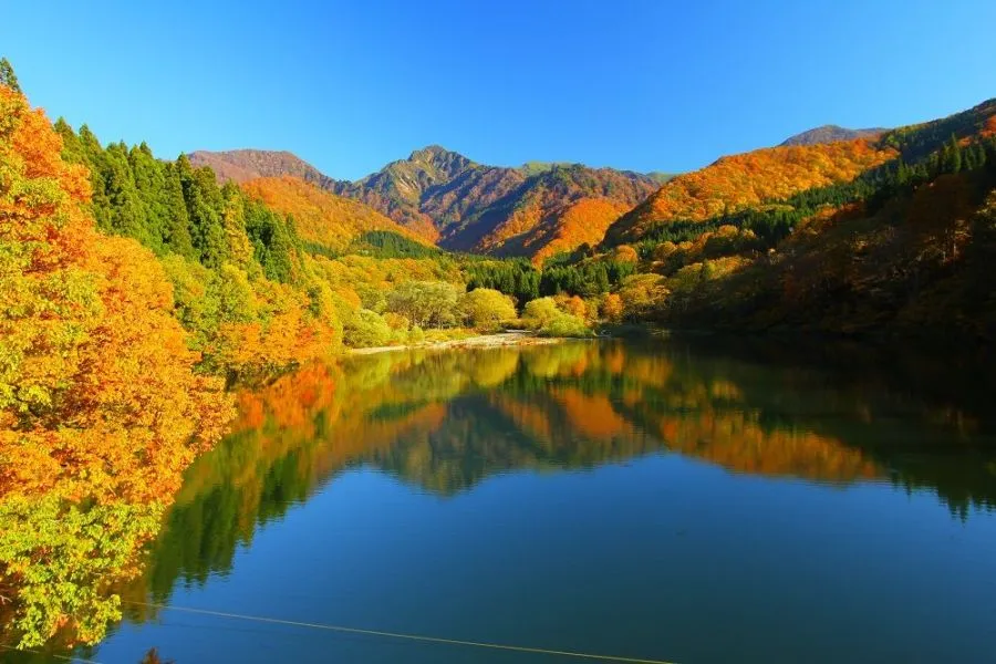 紅葉で覆われた山々が中央の湖面に反射している様子