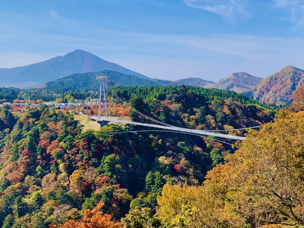 色鮮やかな紅葉の山々と中央に渡る大橋