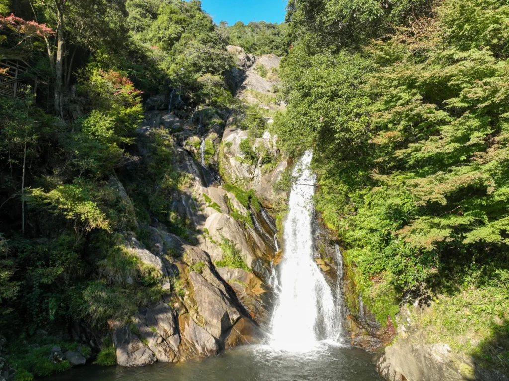 緑に囲まれた見帰りの滝が流れている様子