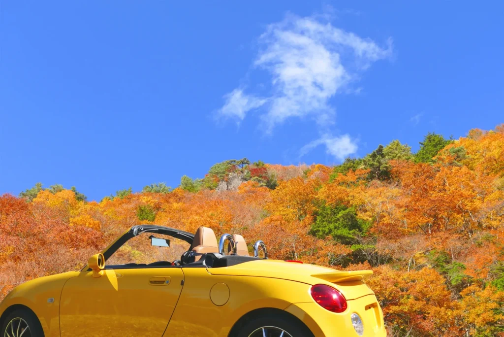 真っ赤な紅葉と黄色いオープンカー