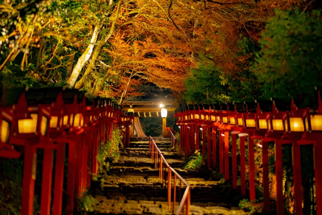 ライトアップされた紅葉と寺院に続く階段