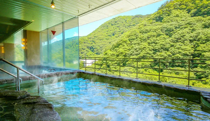 昼間の露天風呂から、目の前の山々が望める。
