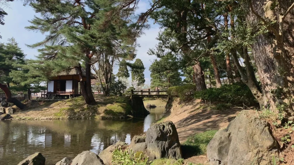 沢山の植物と、左側に池がある庭園