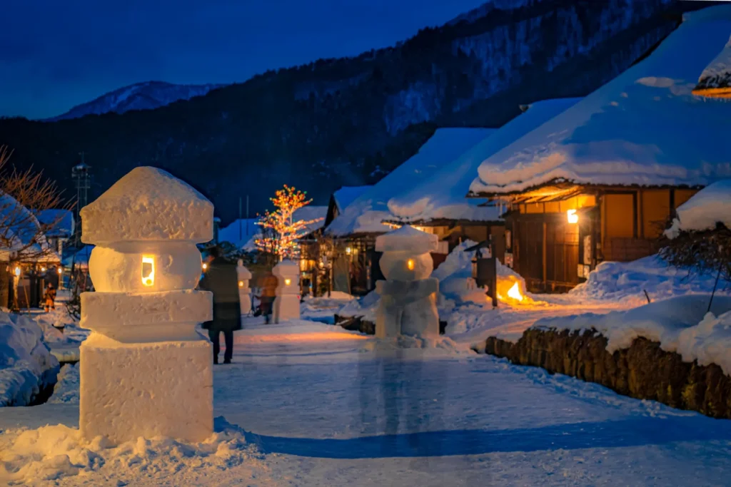 大内宿雪まつりの雪化粧