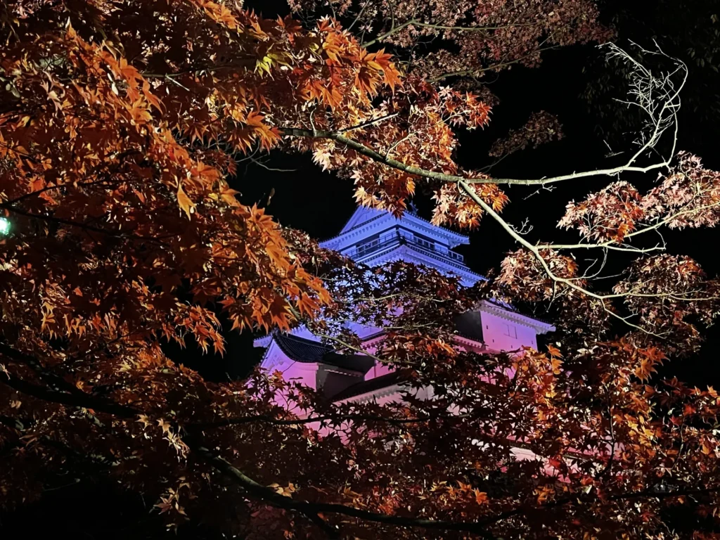 鶴ヶ城の紅葉のライトアップ